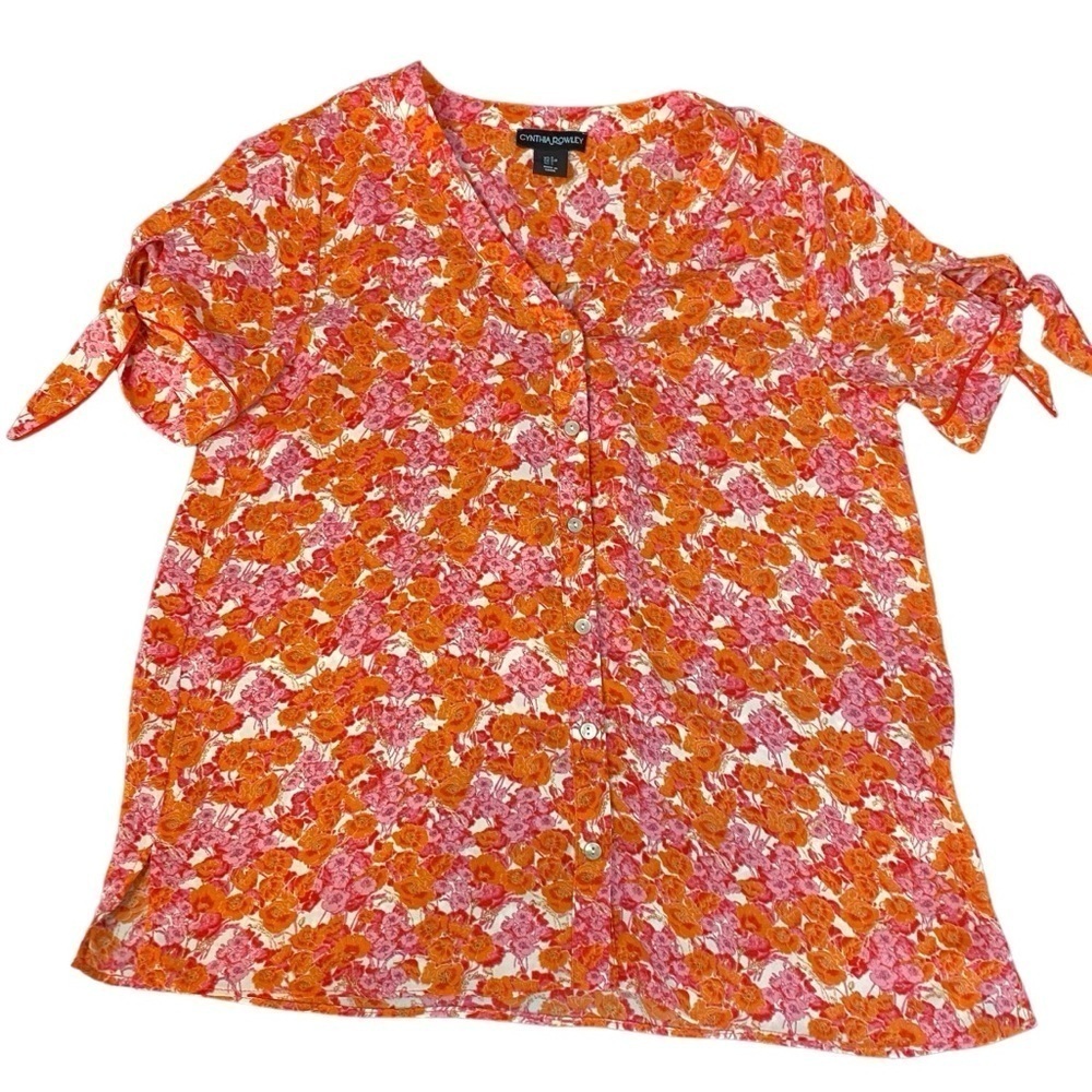 Cynthia Rowley Orange Pink Floral Button Down Short Sleeve Tie Ouse Top Size S